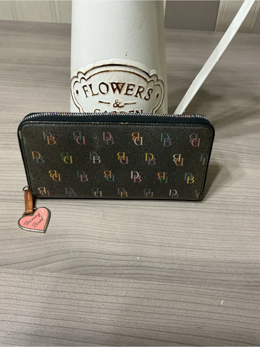 Dooney & Bourke Black Multicolor DB Logo Zip Wallet with Heart Charm and Rainbow